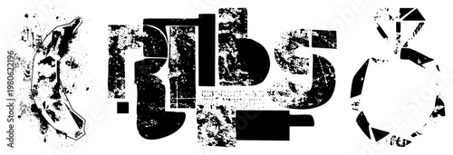 Graphic design featuring the word "Ribs" in distressed, fragmented lettering with splatter and stencil effects, isolated vector art, punk or retro style, high contrast black and white.