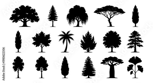 Black tree silhouettes collection, set of 18 botanical vector icons, diverse forest and garden tree shapes, minimalist nature landscape elements