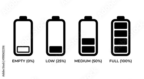 Battery charge level icons showing empty 0%, low 25%, medium 50%, and full 100% status, black minimalist power indicator vector set for UI design