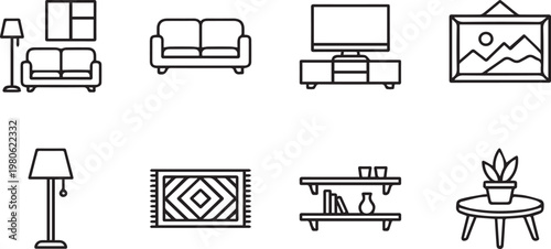 Minimalist living room furniture icons, set of 8 thin line vector elements, modern home interior decor symbols for apartment floor plans