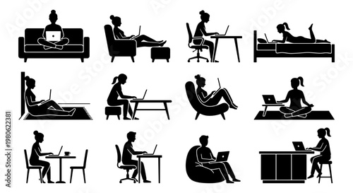 Remote work silhouettes of people using laptops, 12 vector icons of freelancers working from home, black figures in various sitting poses