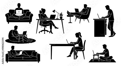 Remote work silhouettes of people using laptops, freelance workers at home office set, 8 vector elements of men and women working on computers