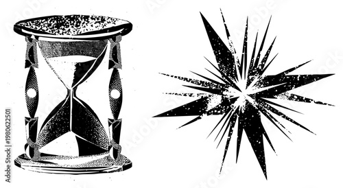 Classic hourglass with sand flowing, stylized starburst explosion, halftone texture, vector illustration, isolated elements, time and energy symbols.