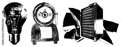 Retro styled lightbulb, antique clock, server tower, vector graphic, black and white, halftone texture, tech nostalgia, isolated.
