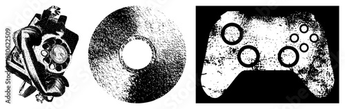 Retro rotary telephone with dial, scratched CD disc, worn game controller with buttons, vector, nostalgic tech, digital, gaming, analog communication.