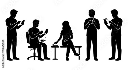 Black silhouette people using smartphones vector, group of men and women with mobile phones, diverse people texting and browsing on devices