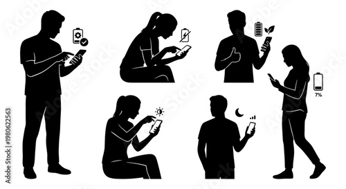 Black silhouette people using smartphones set, men and women holding mobile phones with battery icons, 6 vector elements for digital lifestyle