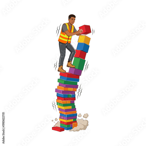 Man in safety vest balances on unstable colorful blocks structure