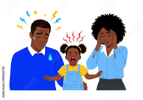 Stressed African American Parents with Crying Daughter Experiencing Temper Tantrum and Family Burnout Illustration
