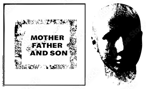 Stylized black and white halftone portrait of bald man, distressed text frame with family trio label, gritty graphic design, vector illustration, art.