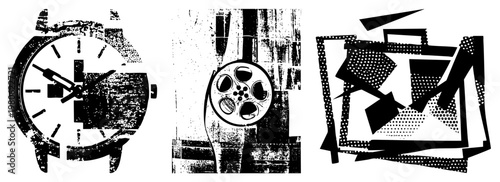 Distressed analog watch with broken hands, film reel with perforated edge, abstract halftone shapes, gritty texture, retro, stylized vector art.