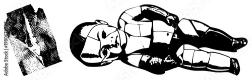 Black and white halftone graphic of fragmented human form, stylized reclining figure, geometric cutout art, vector illustration, isolated silhouette.