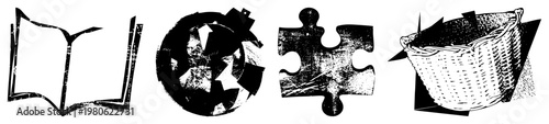 Four stylized black and white book, globe, puzzle, basket. Textured halftone flat design. Symbolize education, global unity, problem solving, storage.