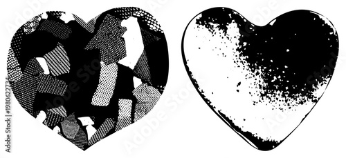 Two stylized featuring halftone gradients and stippled textures, vector art, graphic design elements, isolated shapes, artistic.