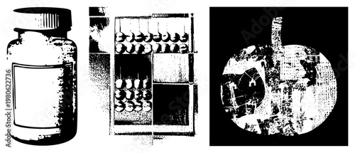 Stylized medicine bottle with label, traditional abacus with beads, abstract circular glyph design, halftone texture, isolated vector graphics, illustration.