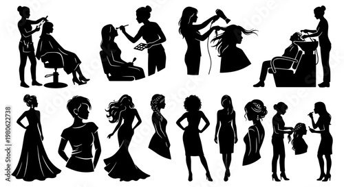 Hair salon silhouettes collection, professional hairdresser and makeup artist icons, beauty parlor service vector set, fashion model silhouettes