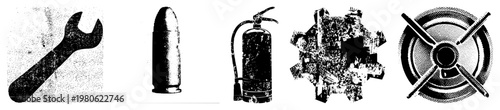 Graphic of wrench, bullet, fire extinguisher, gear, fan all rendered as flat vector shapes with halftone texture, isolated on transparent background for UI or technical design.