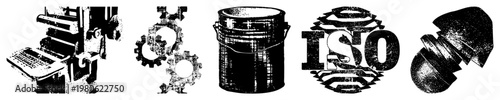 Black and white halftone printing press, interlocking gears, paint can, ISO emblem, bolt. Industrial symbols, vector glyph set, isolated elements for design.