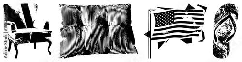 Distressed black and white vector ornate chair, striped cushion, waving flag, flip flop ideal for retro design, graphic, apparel, or web assets.