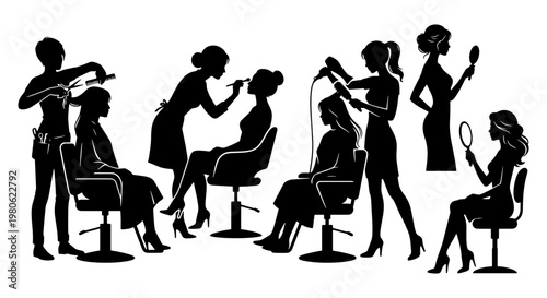Hair salon silhouette collection, professional beauty parlor icons, female hairstylist and makeup artist set, black vector silhouettes of women in spa