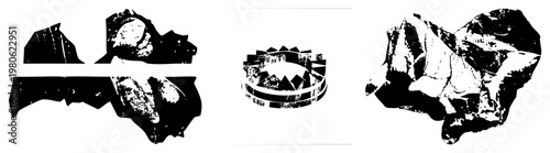 Fragmented rock formations with halftone texture, broken stone shapes, abstract geological art, vector cutout, isolated rock pieces, stylized terrain, graphic design element.