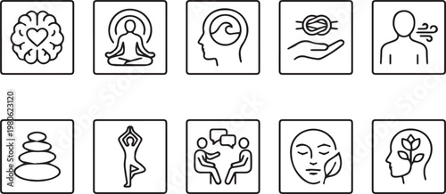 Mental health line icons set, mindfulness and meditation vector symbols, wellness and psychology therapy signs, 10 linear elements for stress relief