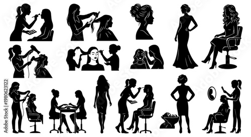 Beauty salon silhouettes collection, professional hair stylist and makeup artist icons, female fashion and spa treatment vector set