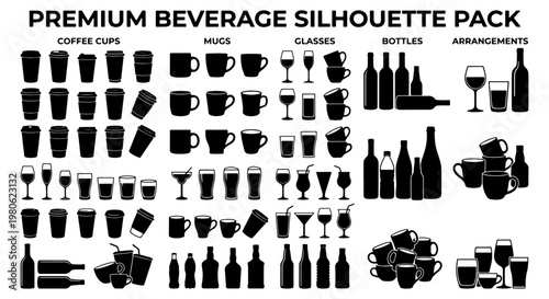 Premium beverage silhouette pack with coffee cups, mugs, glasses and bottles. Black drink icon collection for restaurant menus. Vector drinkware set.