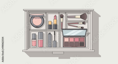 Organized makeup drawer showcasing a variety of cosmetics, including brushes, powder, lipstick, and eyeshadow palette, essential for beauty and personal grooming.