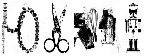 Black and white vector cutouts of pearl necklace, ornate scissors, kitchen whisks, and nutcracker figurine with halftone texture, isolated on transparent background.