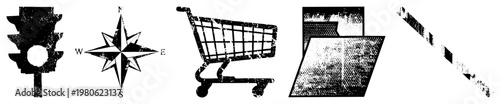 Set of 5 vector traffic, compass, cart, documents, barcode. Grunge texture, isolated foreground, flat design, symbolic symbols.