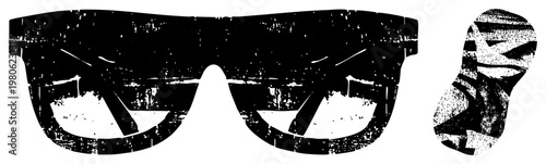 Vintage style sunglasses with gritty texture, paired with stylized footprint silhouette, both rendered in high contrast vector art.