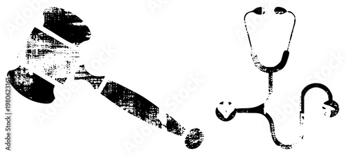 Legal and medical emblem combining gavel and stethoscope, judicial and healthcare, courtroom and clinic, black stencil graphic, legal medicine.