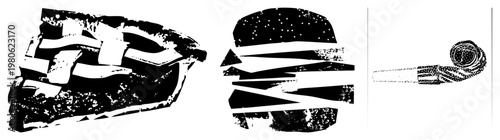 Geometric black and white vector forms, fragmented design, stylized shapes, halftone, graphic art, isolated elements, modern minimalism.