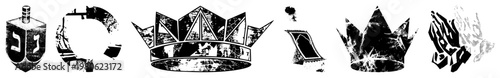Religious and cultural symbols rendered in high contrast vector art dreidel, moon, crown, torah scroll, crown, praying hands. Isolated, stylized,.