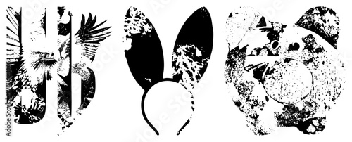 Stylized black and white letterforms with eagle, bunny, and bear motifs, distressed textures, graphic art, typography design, isolated vector elements.