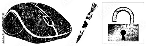 Distressed digital ergonomic mouse, serrated knife, vintage padlock all in gritty halftone style, ideal for or security themes.