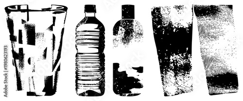 Vector graphic of water glass, plastic bottle, soda bottle, cocktail glass, and tube, rendered in halftone style with bold and high contrast shading.