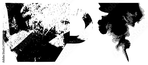 Two stylized abstract forms rendered in high contrast halftone, featuring gritty texture and fragmented edges, ideal for graphic design or print.