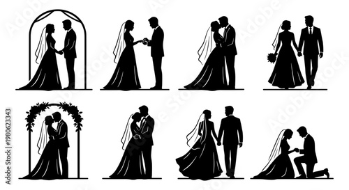 Wedding couple silhouettes set, romantic bride and groom vector icons, marriage ceremony elements for invitations and stationery