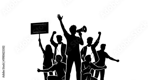 Silhouette of a group of diverse protesters demonstrating for social change.