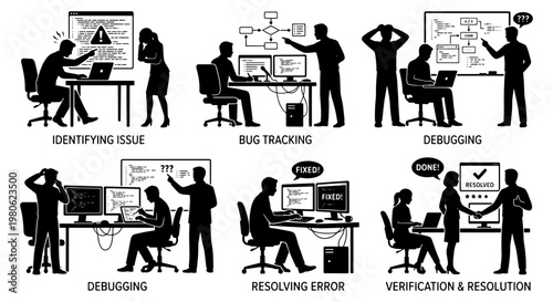 Software debugging process silhouette icons, programmer bug tracking and error resolution set, developers identifying issues and verifying code fixes