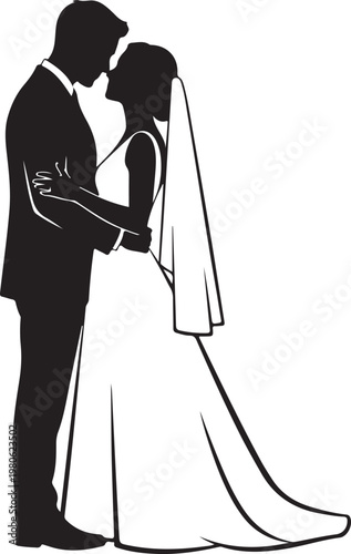 Black silhouette of bride and groom embracing wedding dress