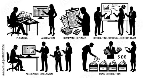 Business budget planning silhouettes, financial allocation team icons, professional fund distribution and expense review vector set