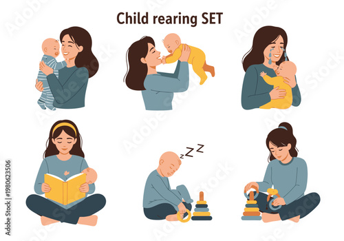 Motherhood and Child Rearing Illustration Set: Scenes of Parenting, Baby Care, Emotional Moments, Sleeping, and Playtime for New Mothers