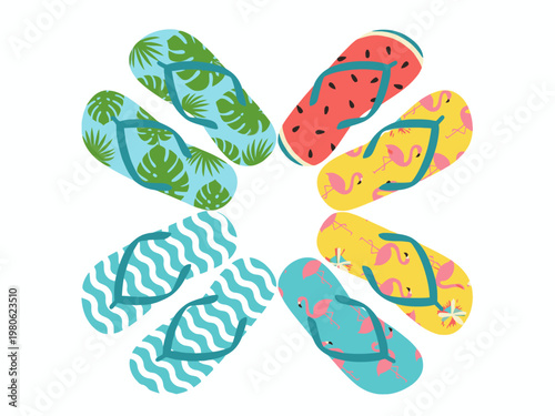Summer flip-flops with tropical patterns arranged in a circle
