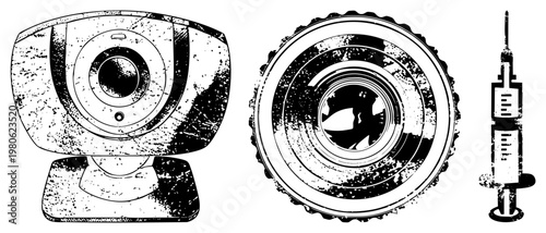 Vintage style web cam, camera lens, and medical syringe rendered in distressed black and white vector art with speckled texture, isolated graphic elements.