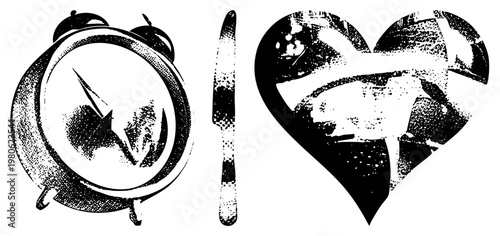 Classic alarm clock, dinner knife, and shattered heart rendered in halftone, vector art, graphic design elements, emotional symbols, retro illustration.
