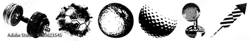 Set of six vector dumbbell, soccer ball, golf ball, halftone sphere, checkered arrow, and textured sphere. Flat design, isolated elements for UI or graphic use.
