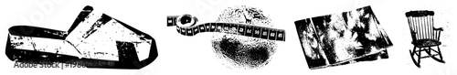 Distressed footwear, measuring tape with numbers, aged newspaper, classic rocking chair, gritty black and white vector art, isolated elements.